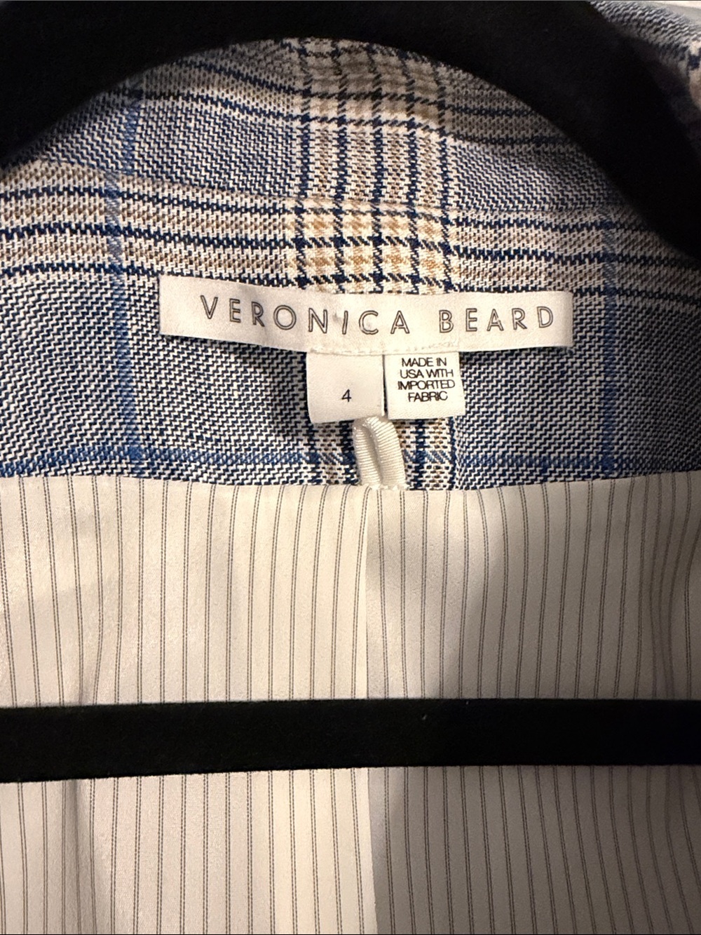 Veronica Beard Cropped Linen Blazer Blue White Tan Plaid Size 4 | Shoulder Pads - Picture 4 of 7